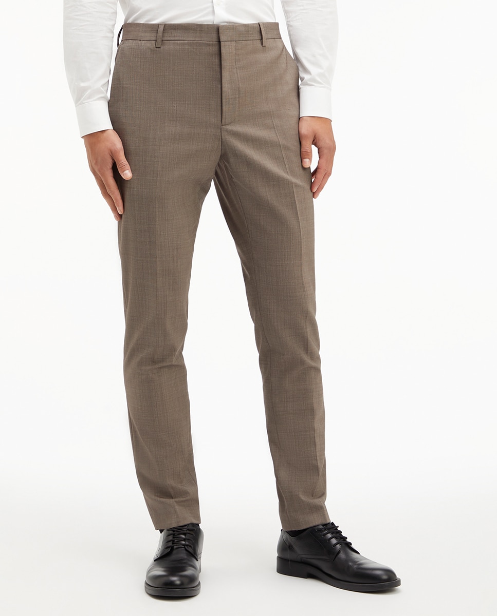 Calças Formais Slim Fit de Lã Castanho-claro-1