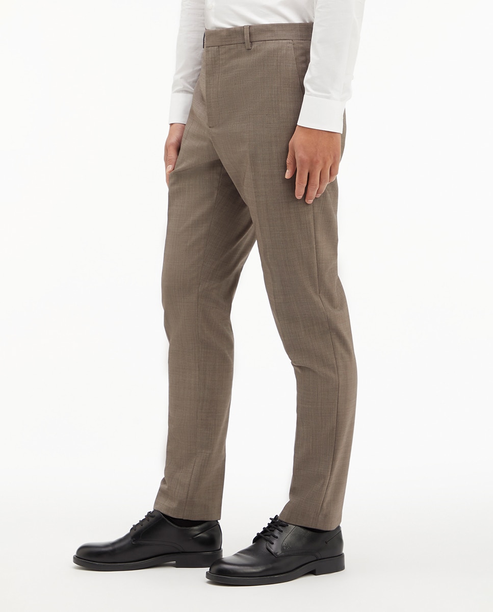 Calças Formais Slim Fit de Lã Castanho-claro-3