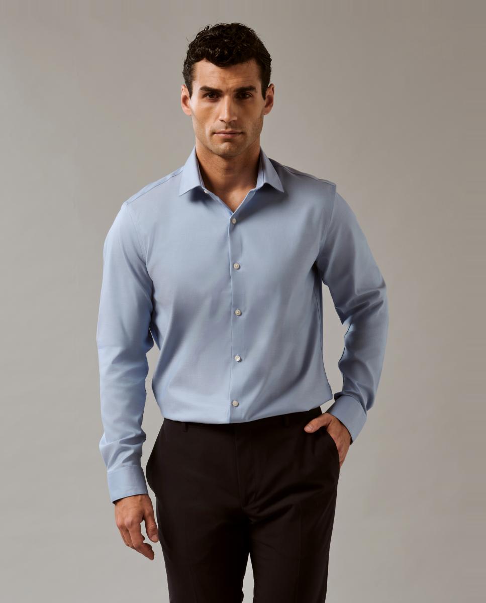 Camisa Clássica de Gola Elástica Justa Azul-1