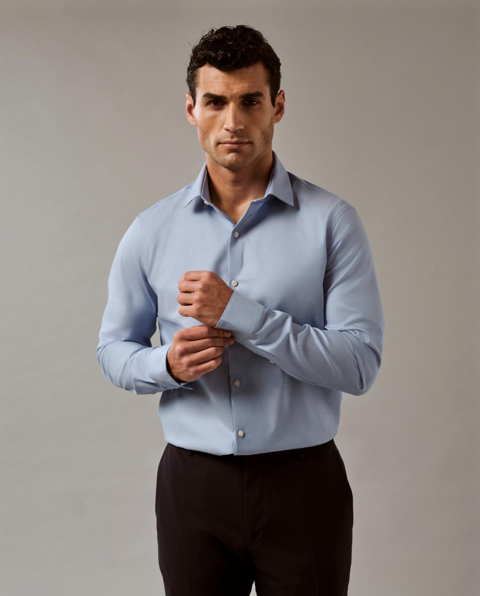 Camisa Clássica de Gola Elástica Justa Azul-3