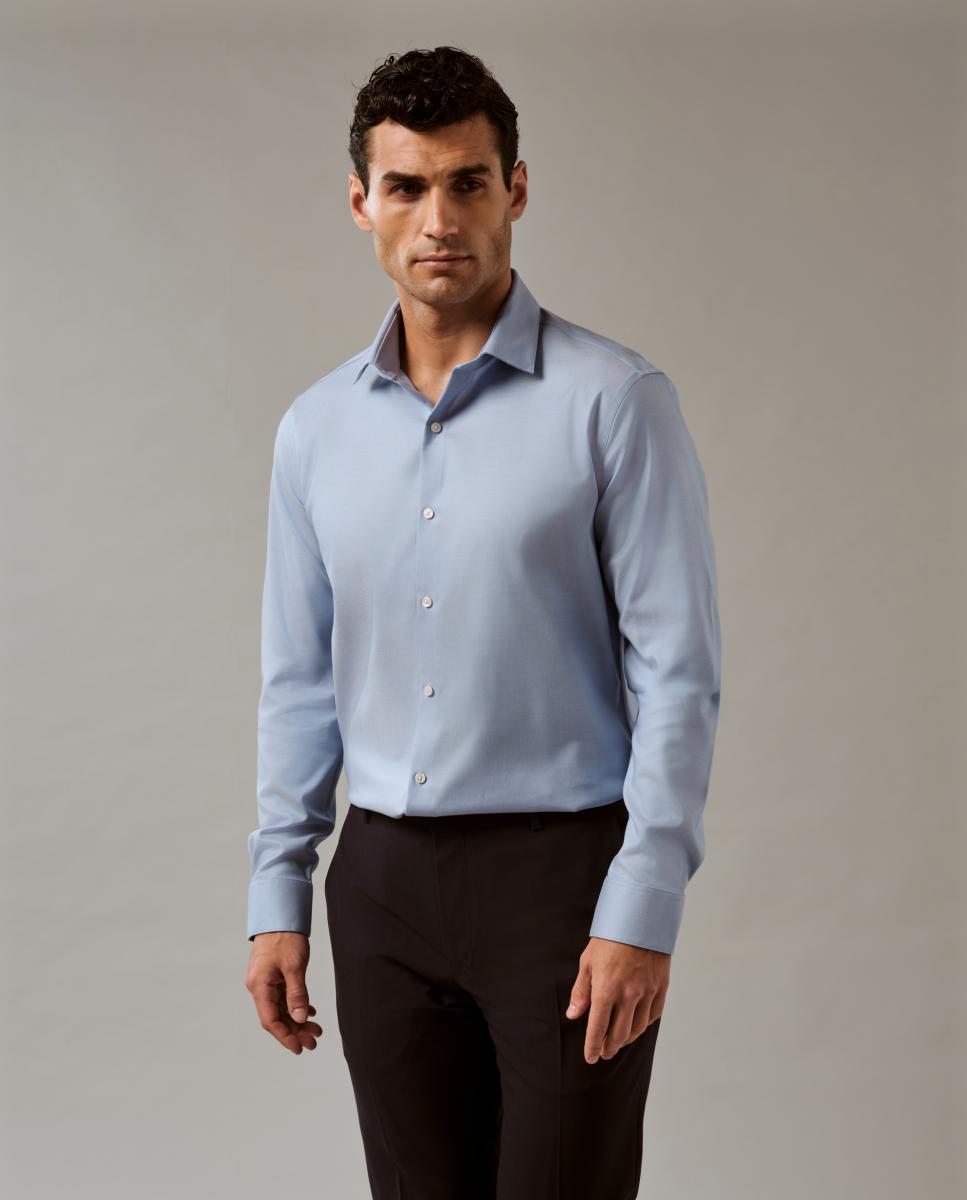 Camisa Clássica de Gola Elástica Justa Azul-4