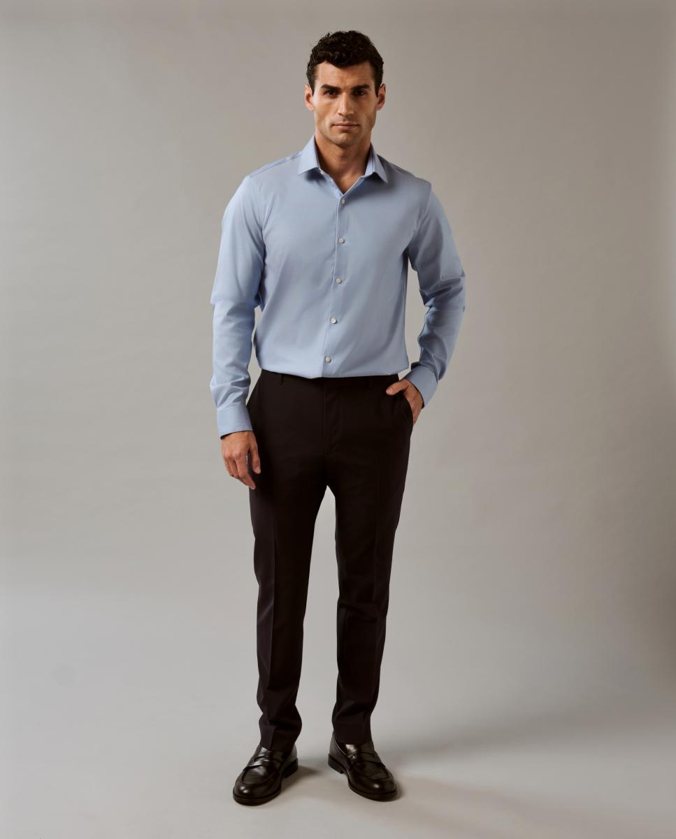 Camisa Clássica de Gola Elástica Justa Azul-8