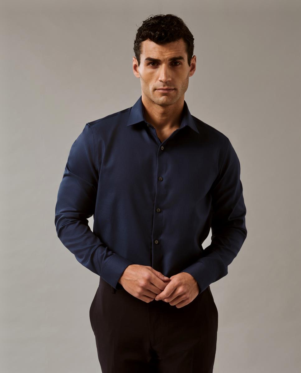 Camisa Clássica de Gola Elástica Justa Azul-1
