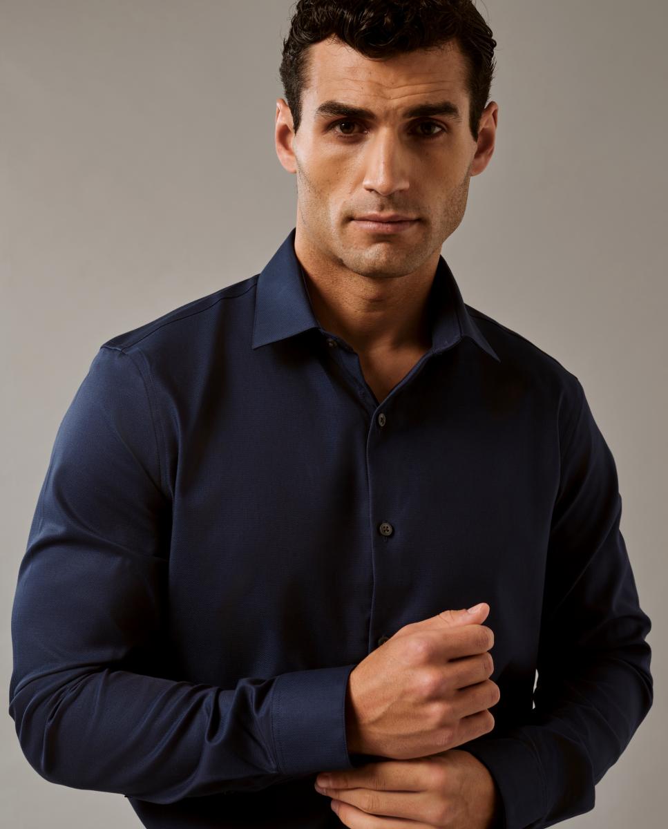 Camisa Clássica de Gola Elástica Justa Azul-3