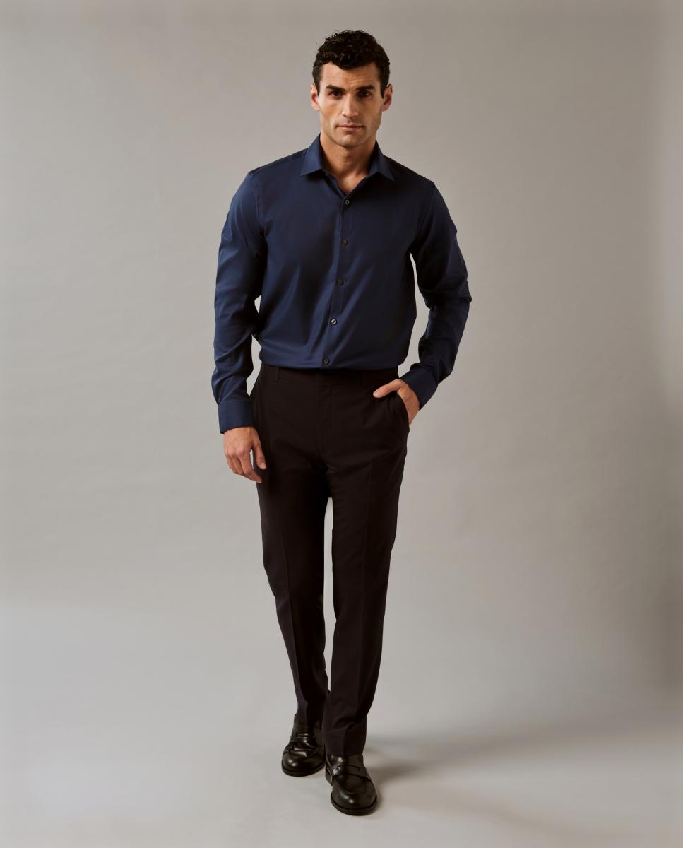 Camisa Clássica de Gola Elástica Justa Azul-5