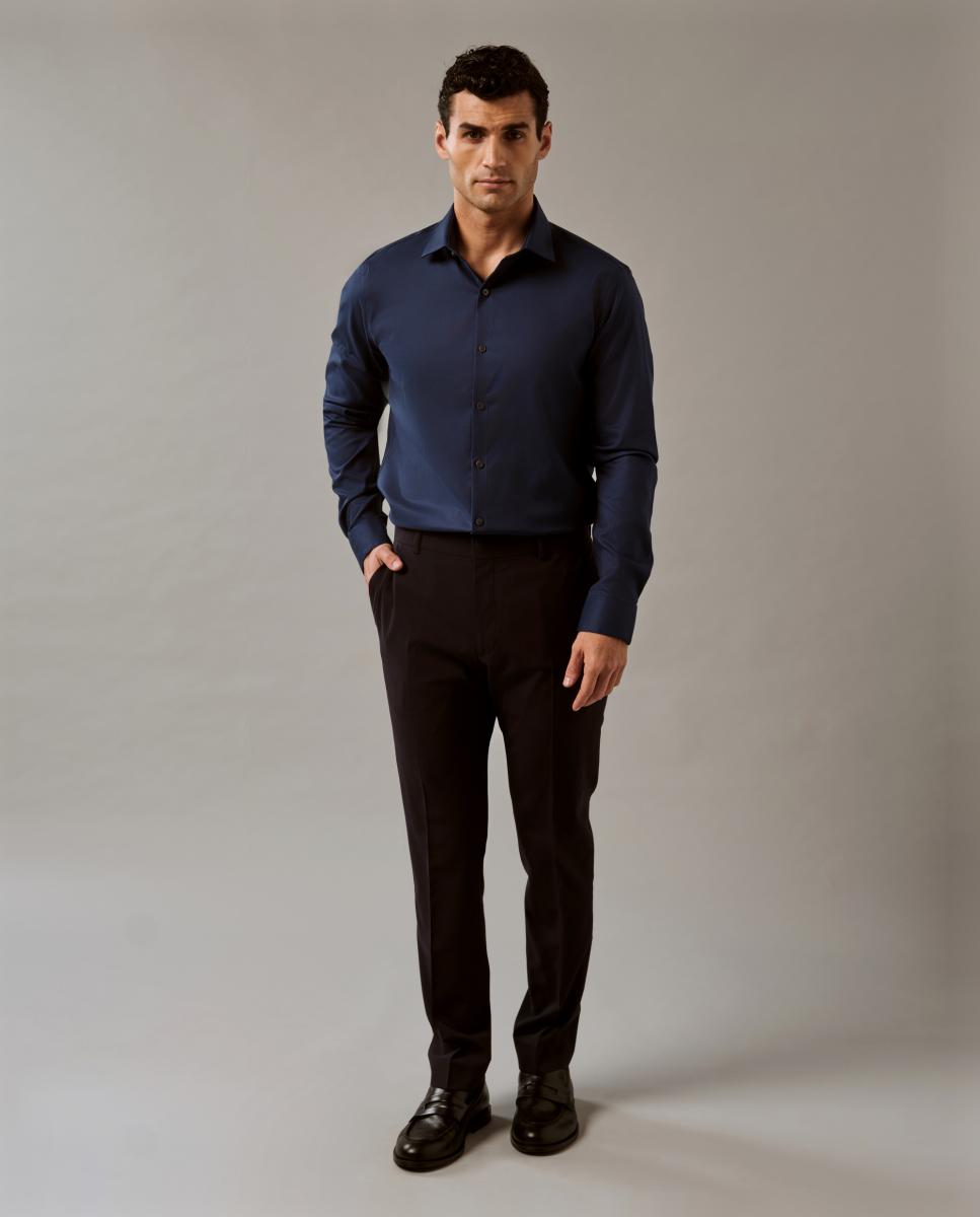 Camisa Clássica de Gola Elástica Justa Azul-7