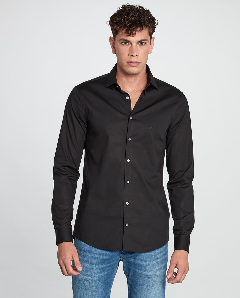 Camisa slim lisa de popelina elástica Preto-1