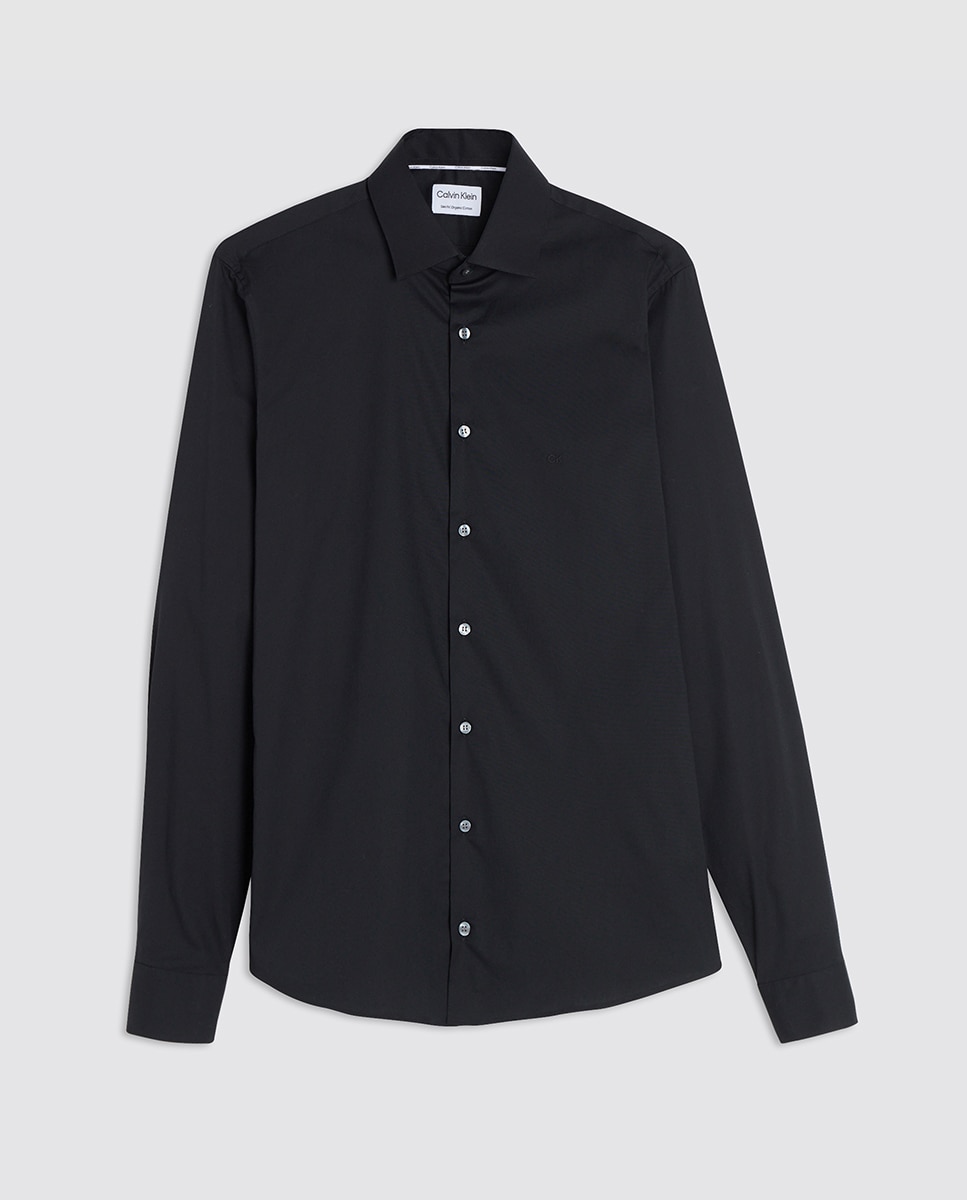 Camisa slim lisa de popelina elástica Preto-2