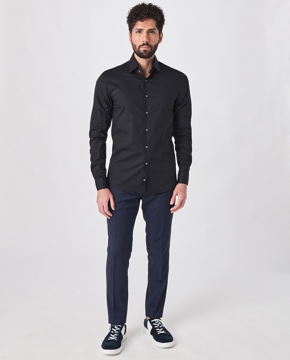 Camisa slim lisa de popelina elástica Preto-3