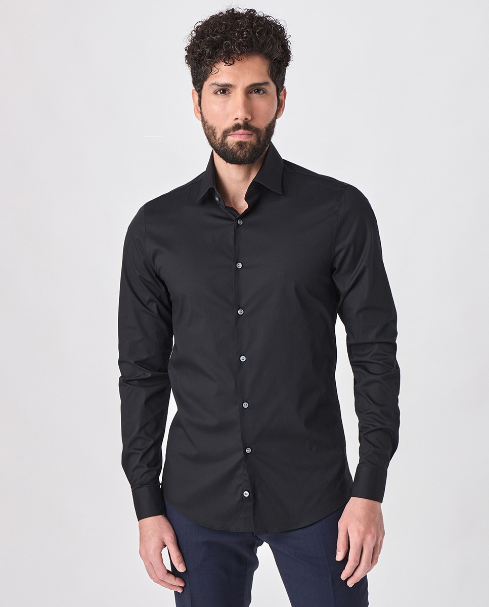 Camisa slim lisa de popelina elástica Preto-4