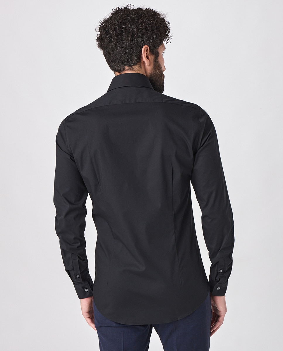 Camisa slim lisa de popelina elástica Preto-5