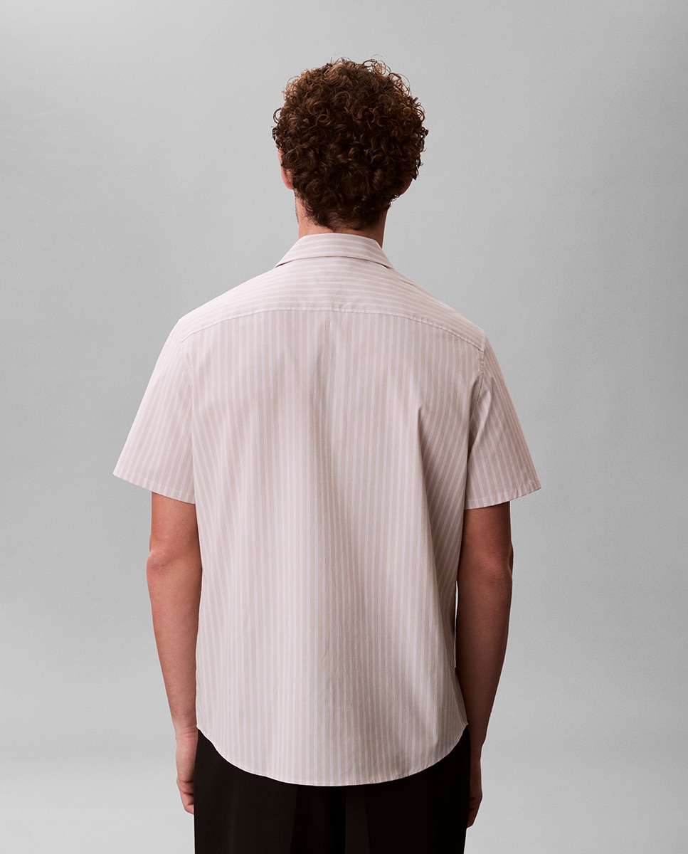Camisa de Manga Curta às Riscas Bege-2