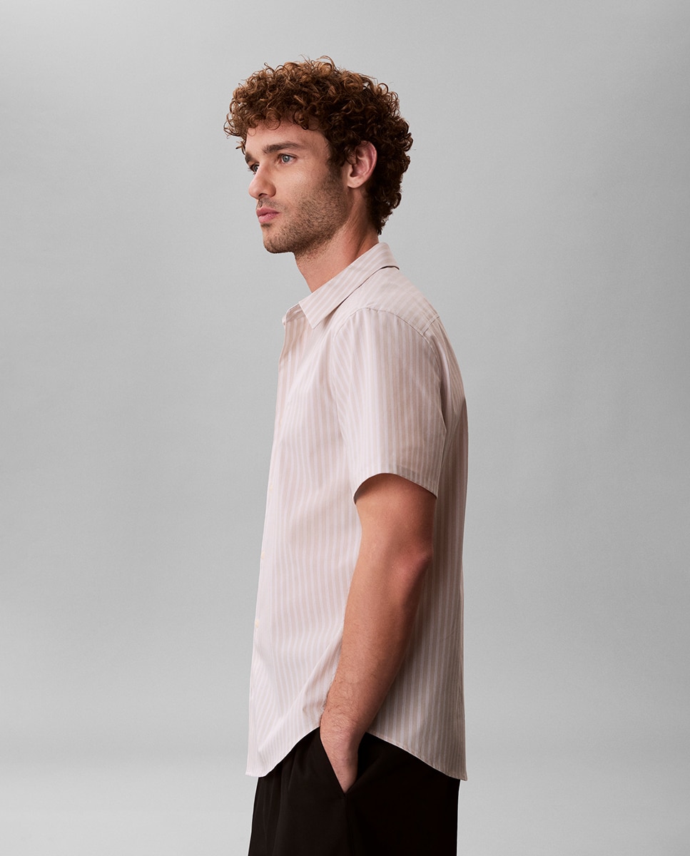 Camisa de Manga Curta às Riscas Bege-3