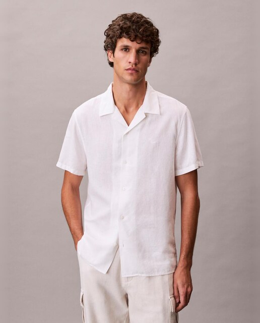 Camisa slim fit de manga corta de lino de hombre