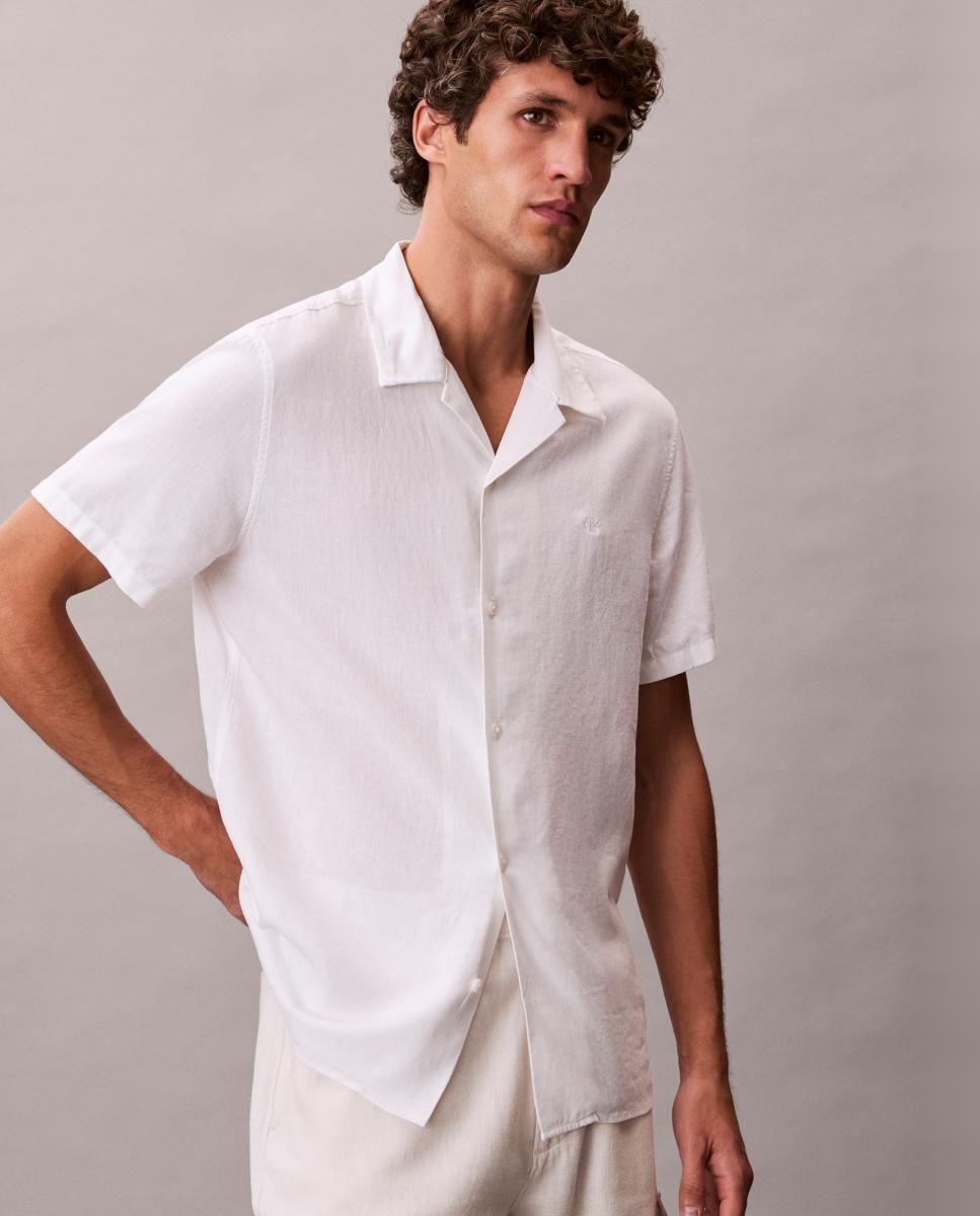 Camisa de Linho com Manga Curta Branco-4