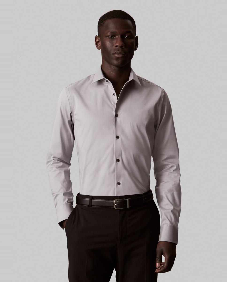 Camisa Clássica de Algodão Elástico Slim Lisa Cinzento-3