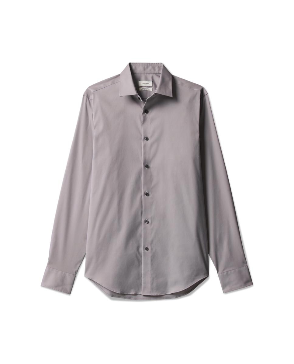 Camisa Clássica de Algodão Elástico Slim Lisa Cinzento-4