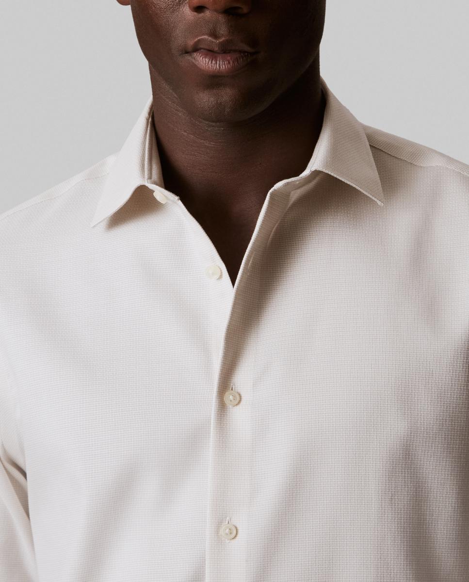 Camisa Clássica de Algodão Elástico Slim Lisa Bege-3