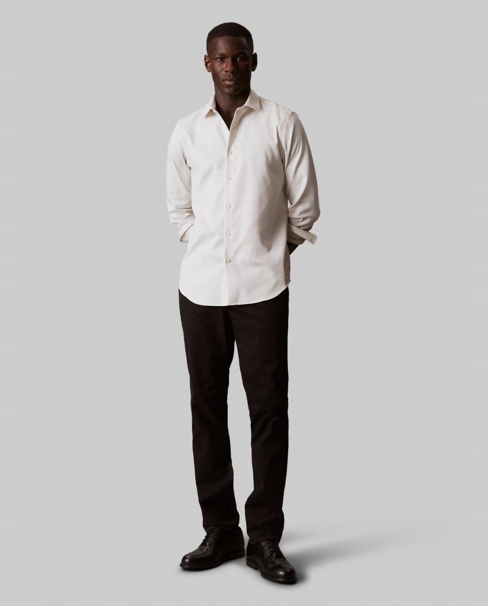 Camisa Clássica de Algodão Elástico Slim Lisa Bege-6