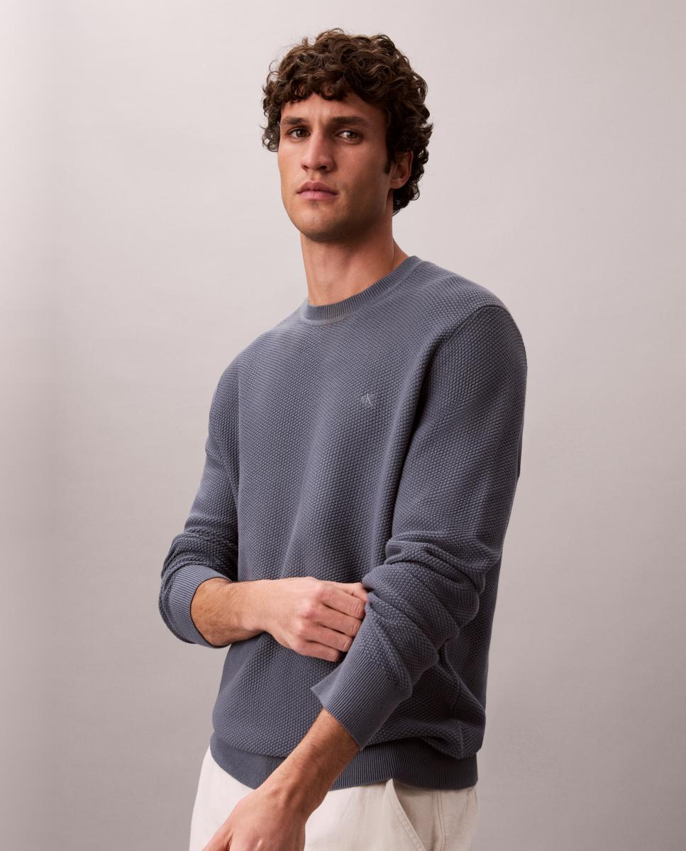 Camisola de Malha de Algodão Texturizado com Gola Redonda Cinzento-escuro-4