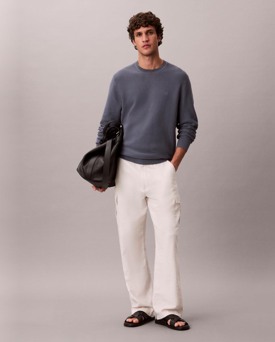 Camisola de Malha de Algodão Texturizado com Gola Redonda Cinzento-escuro-9
