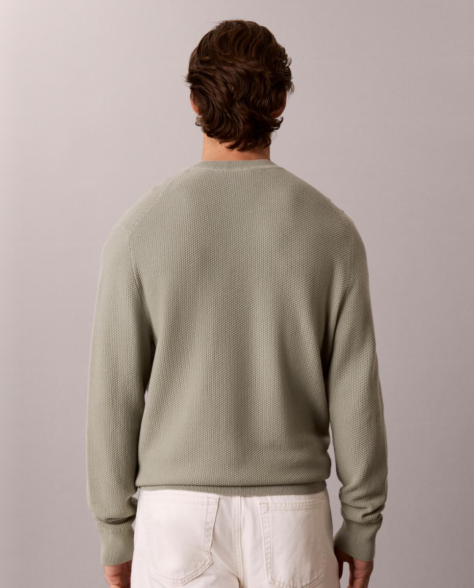 Camisola de Malha de Algodão Texturizado com Gola Redonda Cinzento-2