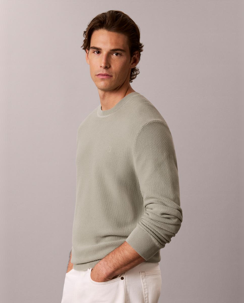 Camisola de Malha de Algodão Texturizado com Gola Redonda Cinzento-4