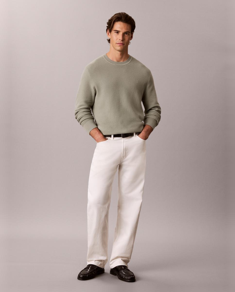 Camisola de Malha de Algodão Texturizado com Gola Redonda Cinzento-8