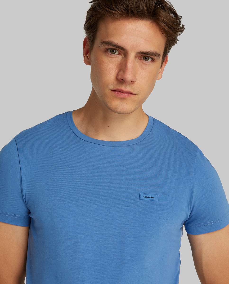 T-shirt Slim de Algodão Elástico Azul-3