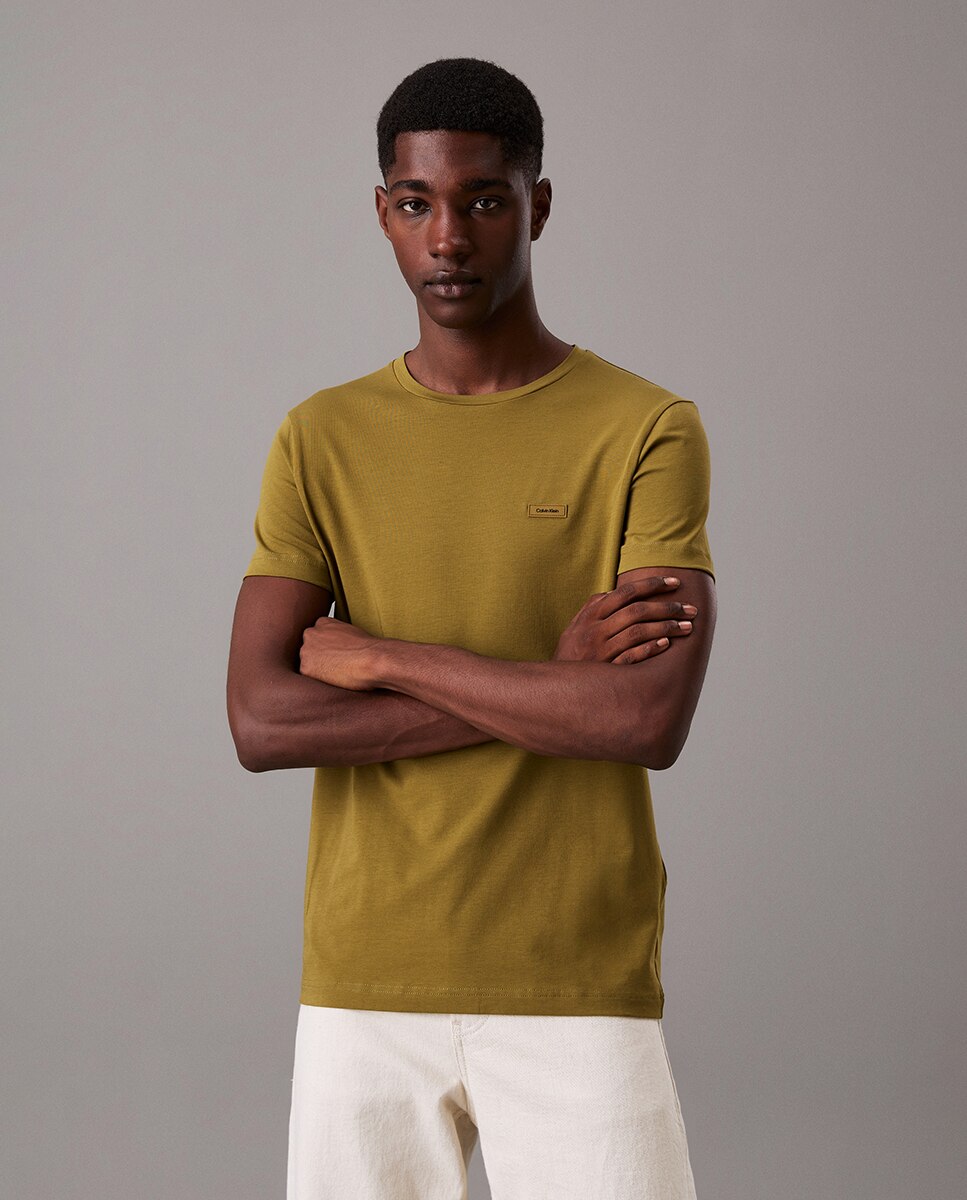 T-shirt Slim de Algodão Elástico Verde-escuro-1