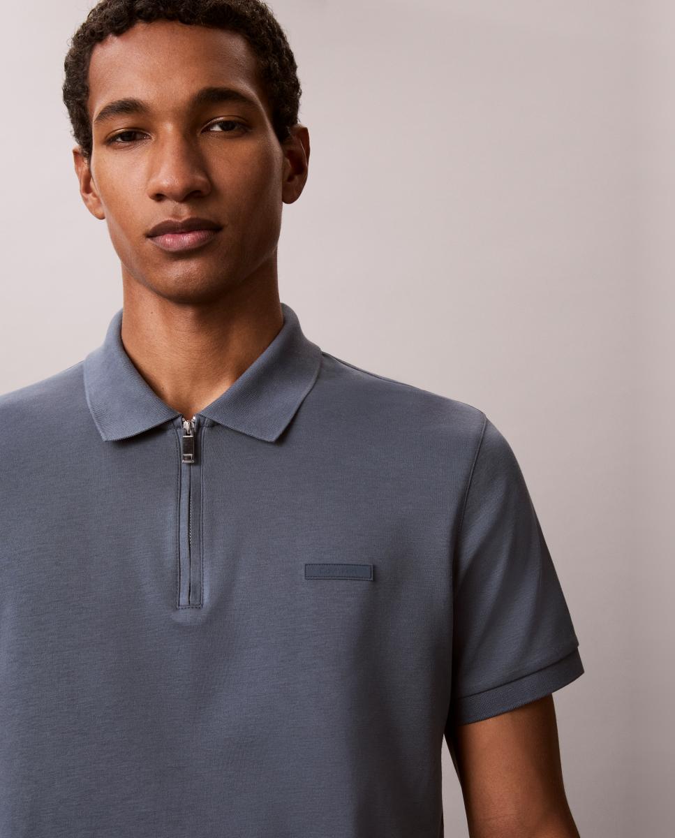 Polo de Algodão Supima Slim com Fecho de Correr Azul-3