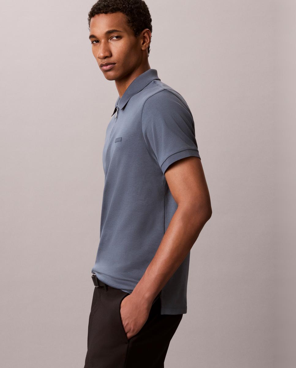 Polo de Algodão Supima Slim com Fecho de Correr Azul-4