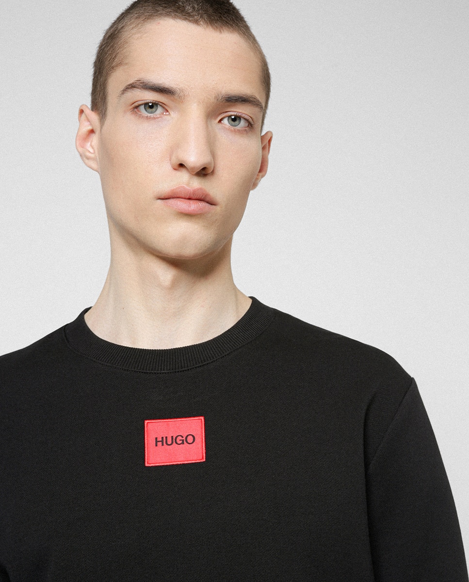 Sudadera de hombre de felpa de algodón con etiqueta con logo roja - Hugo - Negro Negro-3