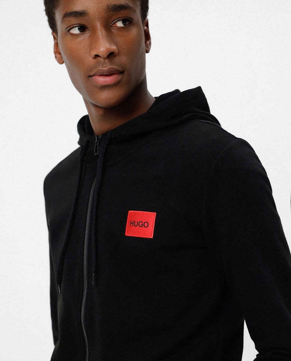 Sudadera de hombre con cremallera integral en felpa de algodón con parche de logo - Hugo - Negro Negro-3