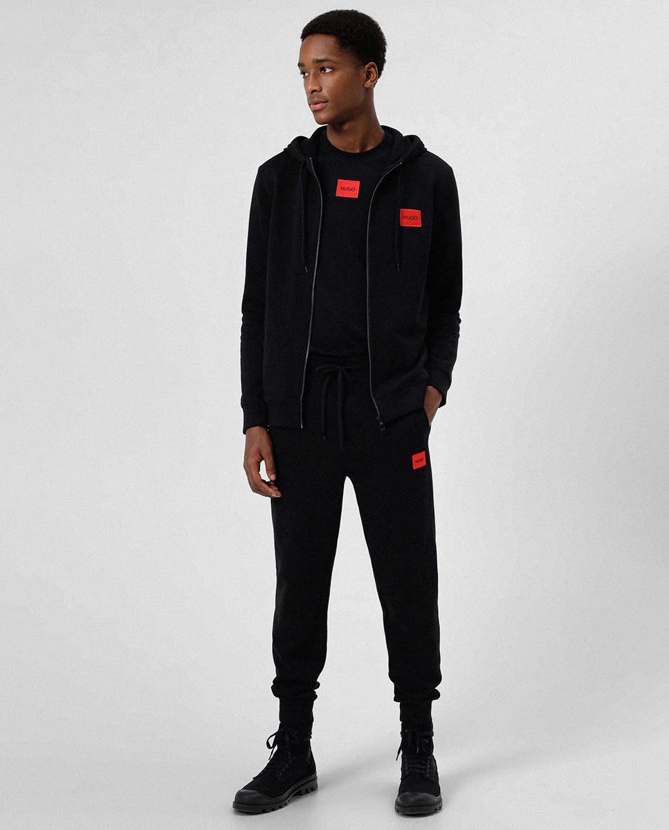 Sudadera de hombre con cremallera integral en felpa de algodón con parche de logo - Hugo - Negro Negro-4