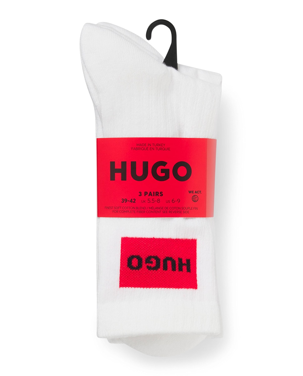 Paquete de tres pares de calcetines cortos con etiquetas con logo rojas Hombre - Hugo - Blanco Blanco-2