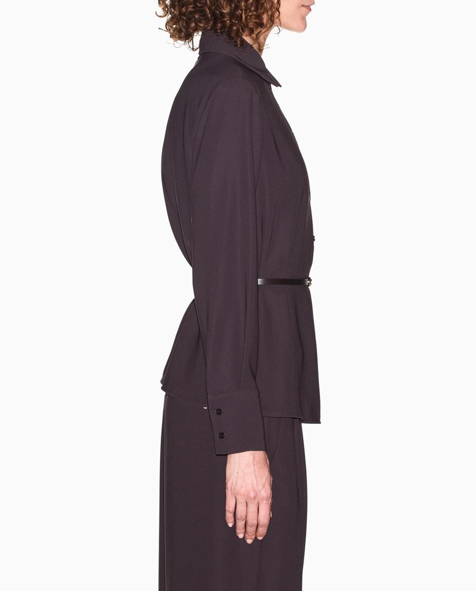 Camisa em Crepe com Cinto Fino Castanho-escuro-2