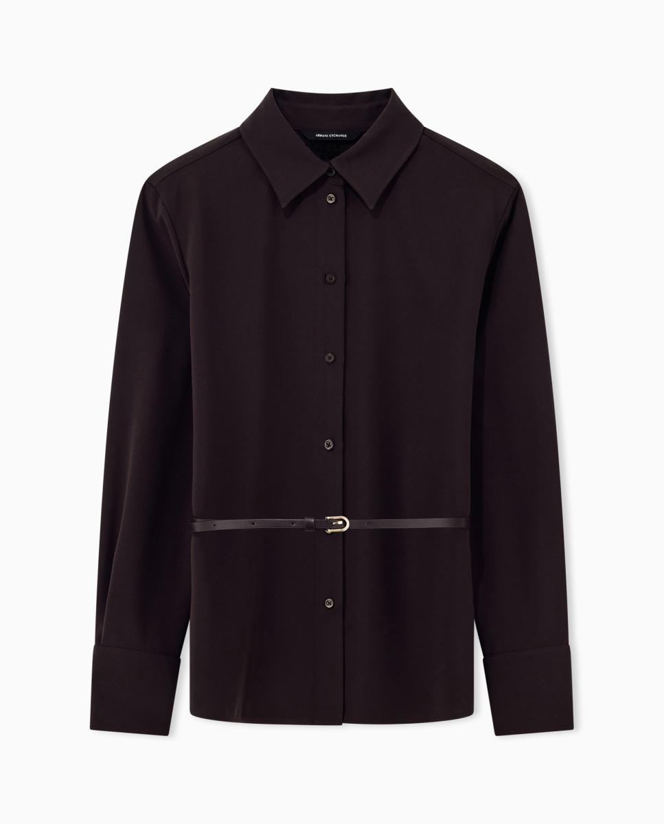 Camisa em Crepe com Cinto Fino Castanho-escuro-5