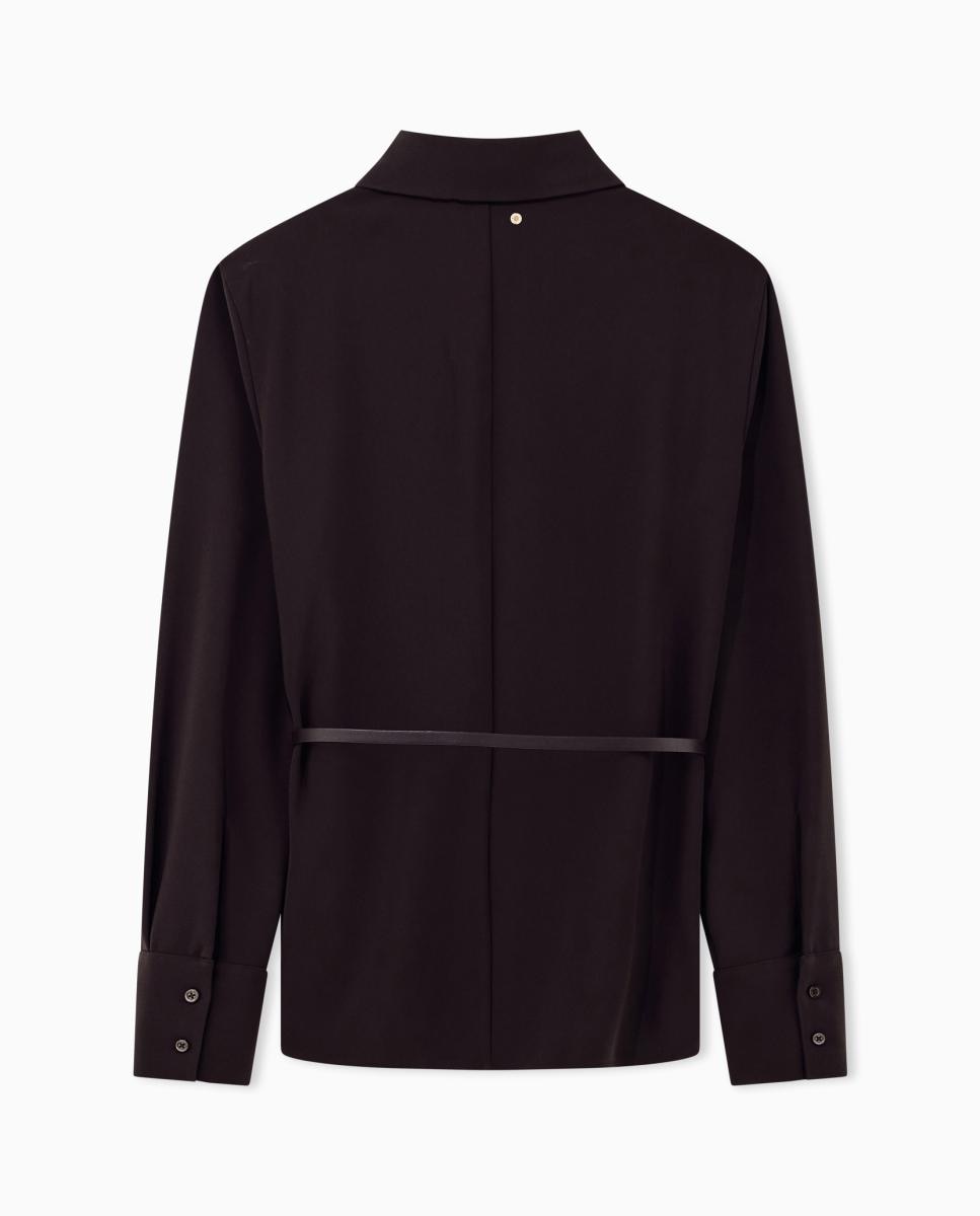 Camisa em Crepe com Cinto Fino Castanho-escuro-6