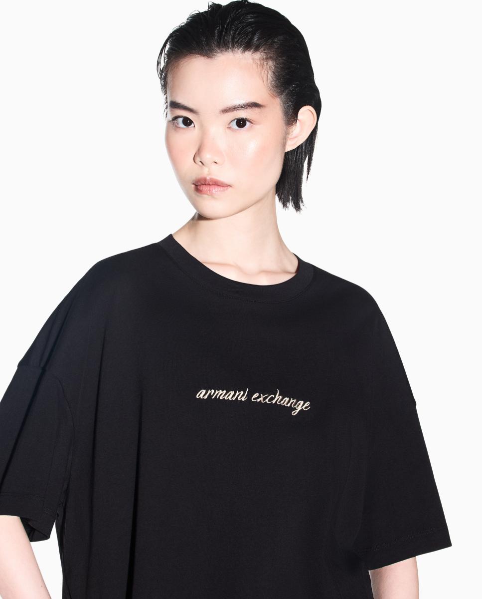 T-shirt de mulher com manga curta e logótipo no peito Preto-2