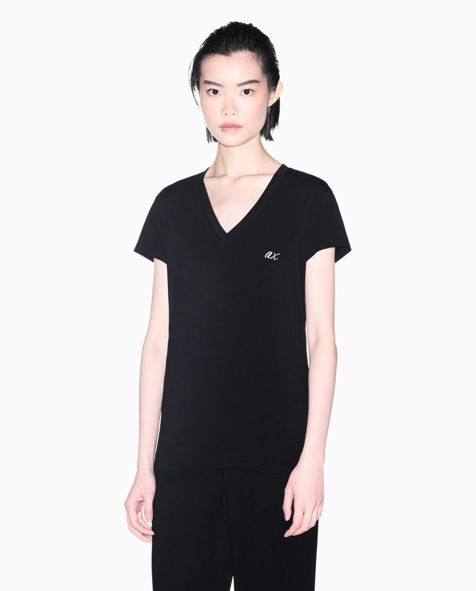 T-shirt de Decote em Bico com Logótipo Preto-1