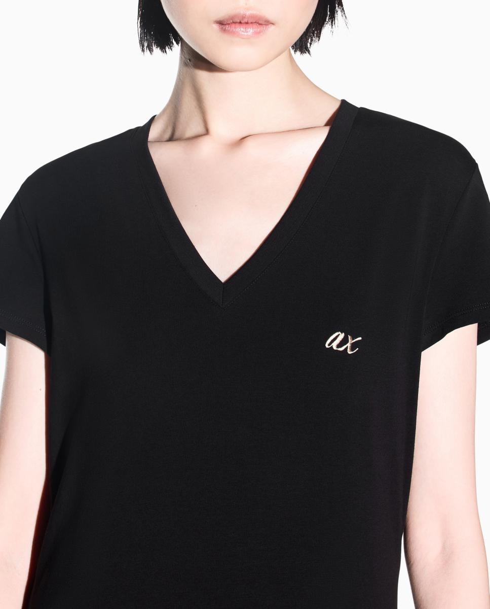 T-shirt de Decote em Bico com Logótipo Preto-2