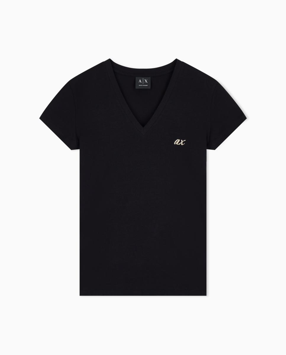 T-shirt de Decote em Bico com Logótipo Preto-4