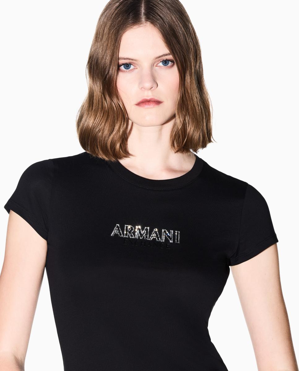 T-shirt de Manga Curta com Logótipo de Strass Preto-4