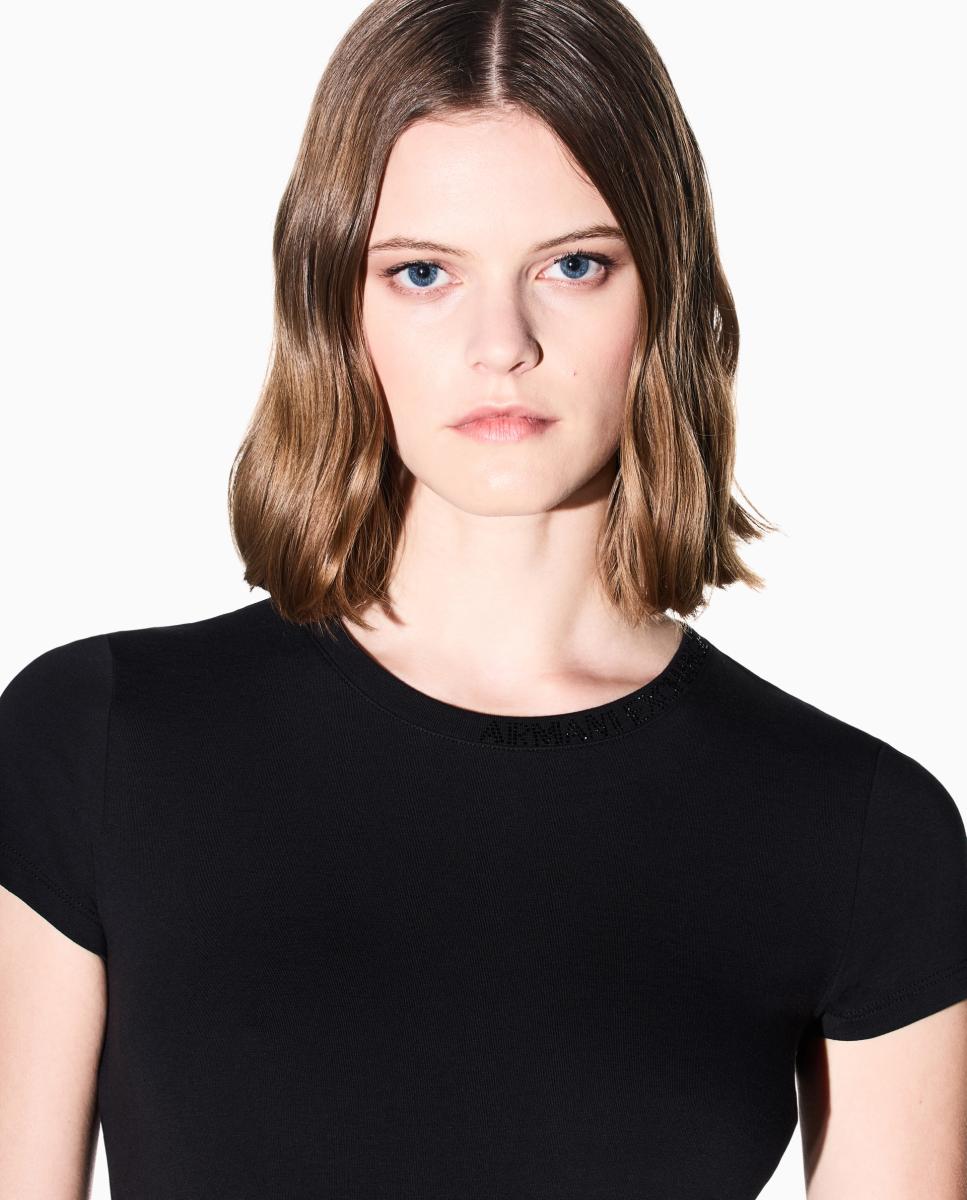 T-shirt de Manga Curta com Logótipo de Strass na Gola Preto-4