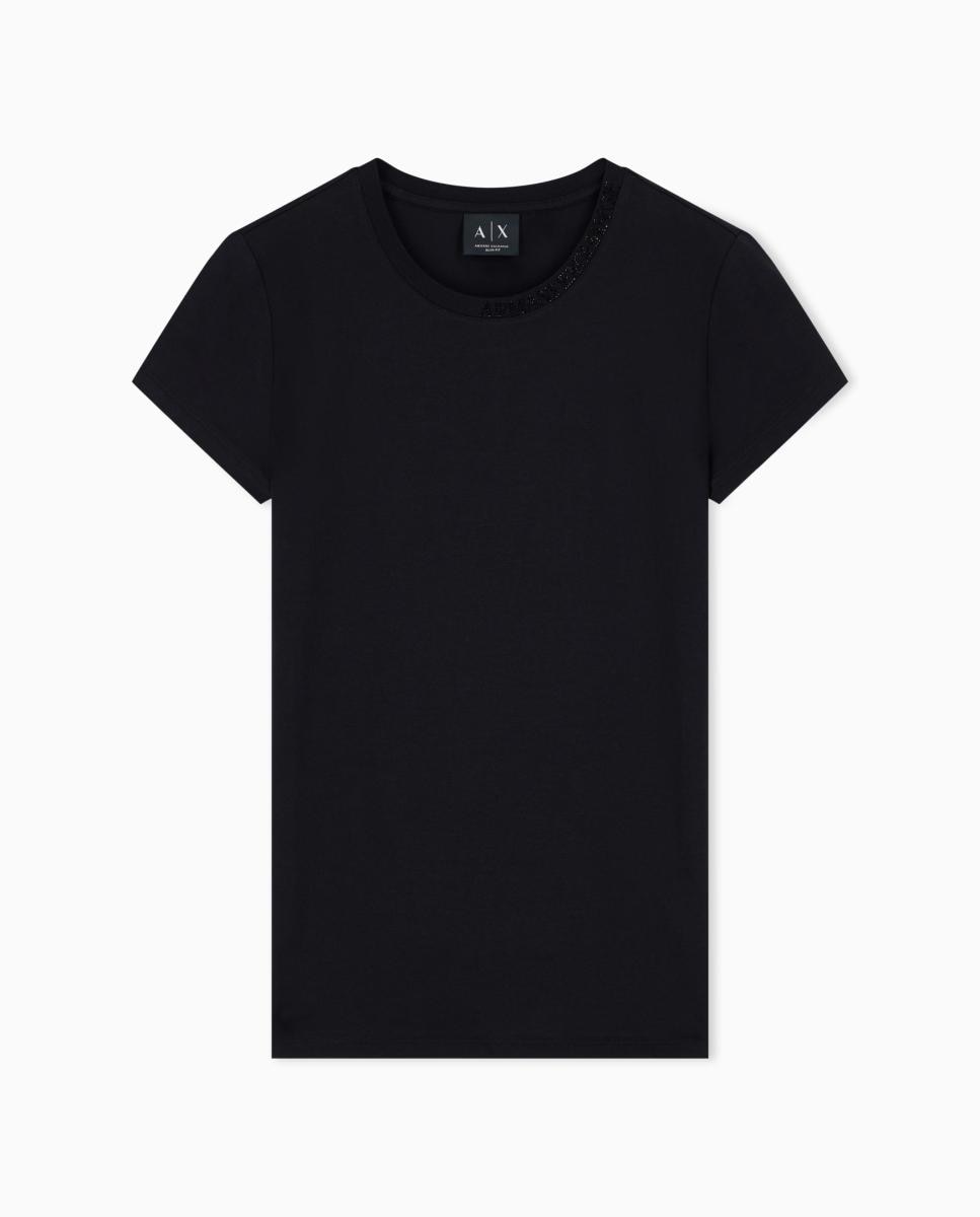 T-shirt de Manga Curta com Logótipo de Strass na Gola Preto-6