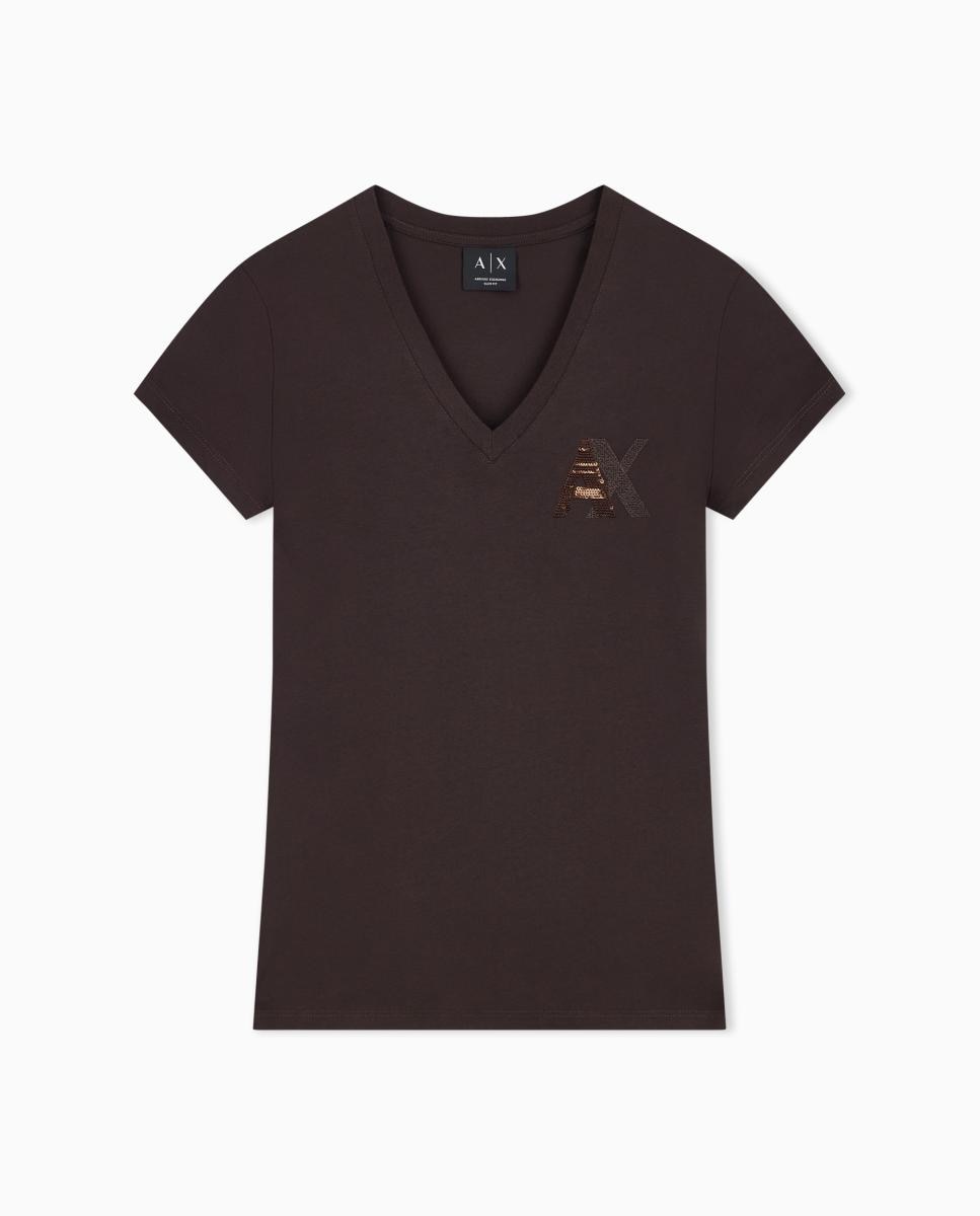 T-shirt de Manga Curta com Decote em Bico e Logótipo Castanho-escuro-6