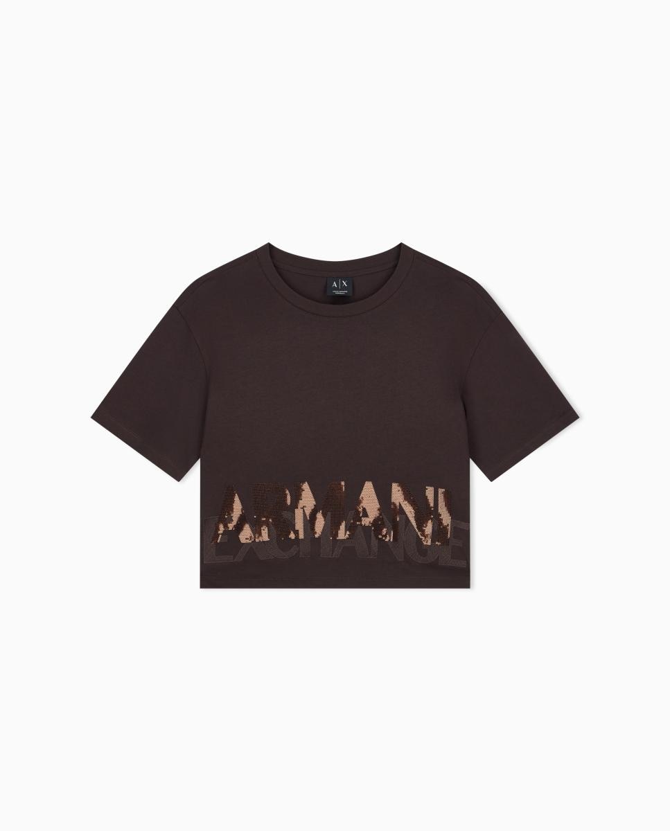 T-shirt de Manga Curta com Logótipo de Lantejoulas Castanho-escuro-7