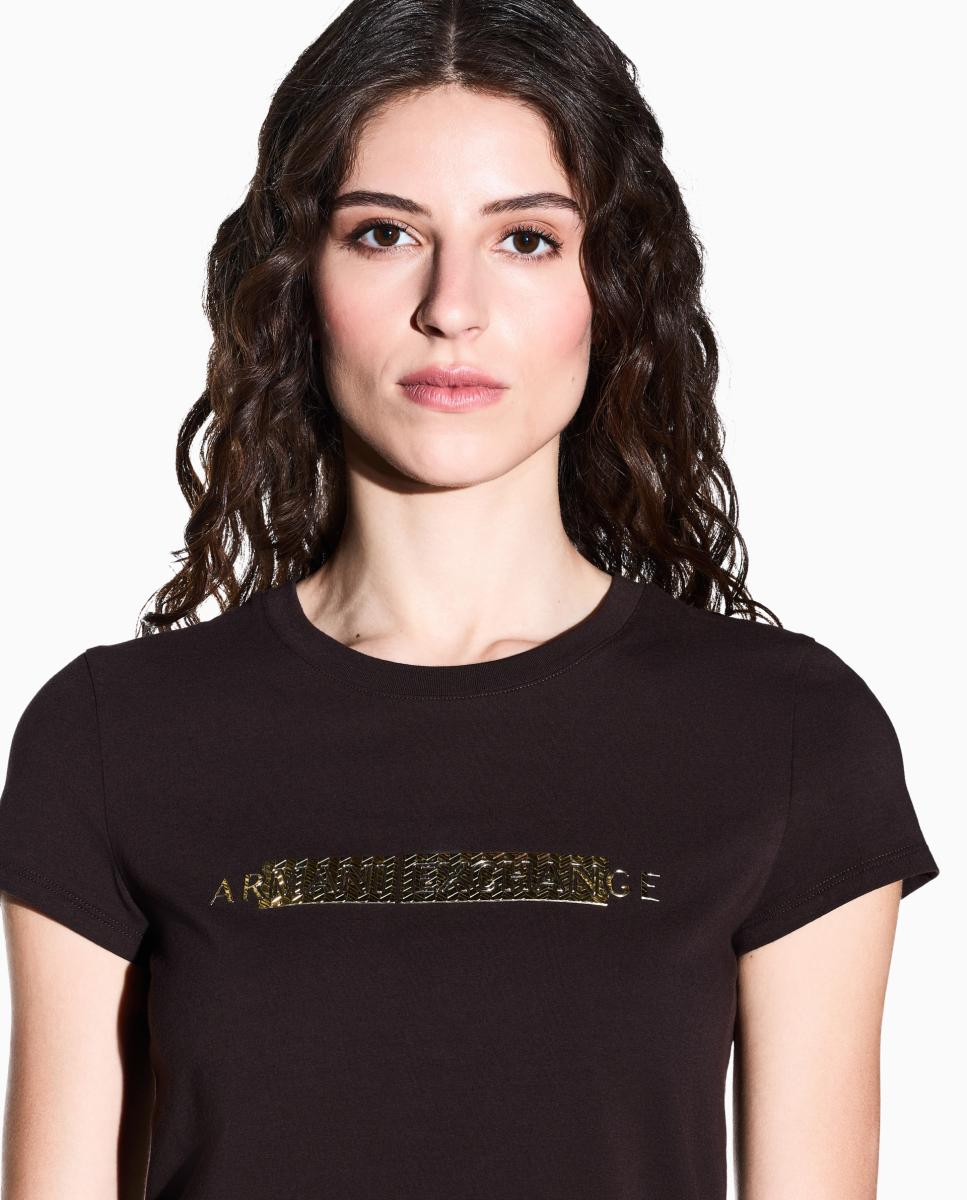 T-shirt de Manga Curta Slim Fit com Logótipo Engomado Castanho-escuro-4