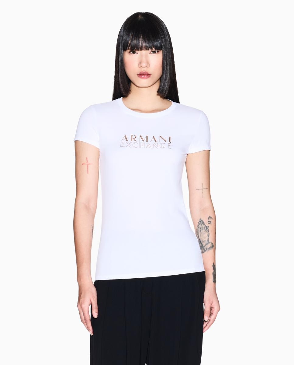 Armani Exchange - Camiseta de mujer de manga corta con logo metalizado.